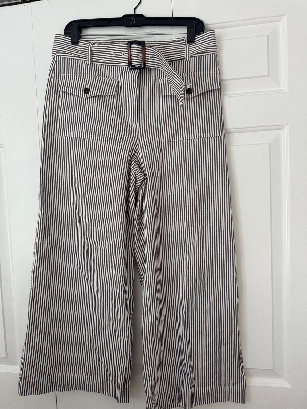 LOFT High-Waist Wide Leg Striped Pants with Belt - Black & White - Picture 1 of 4